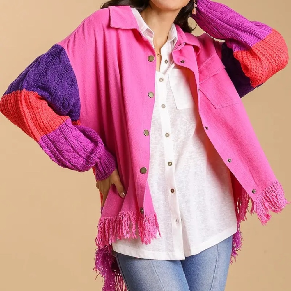 New Umgee Hi Low Fringe Button Down Sweater Shacket Cable Knit Pink Colorblock - Picture 5 of 8